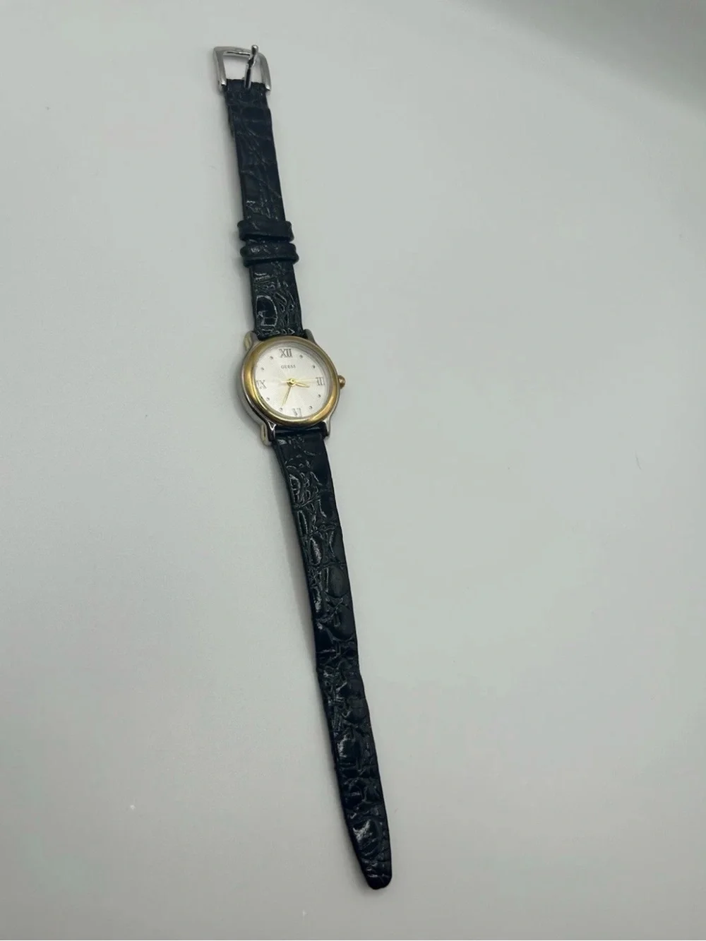 Vintage GUESS Women's Two-Tone Gold & Silver Round Leather Strap Watch - Black